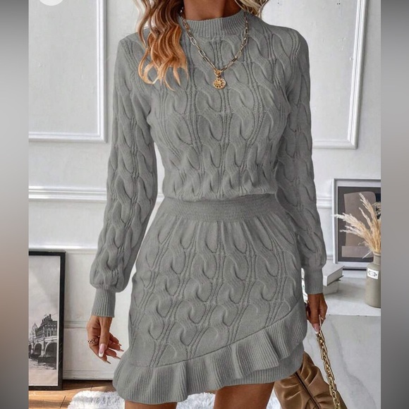 Cozy coffee brown ruffle hem cable knit sweater dress - Picture 11 of 16